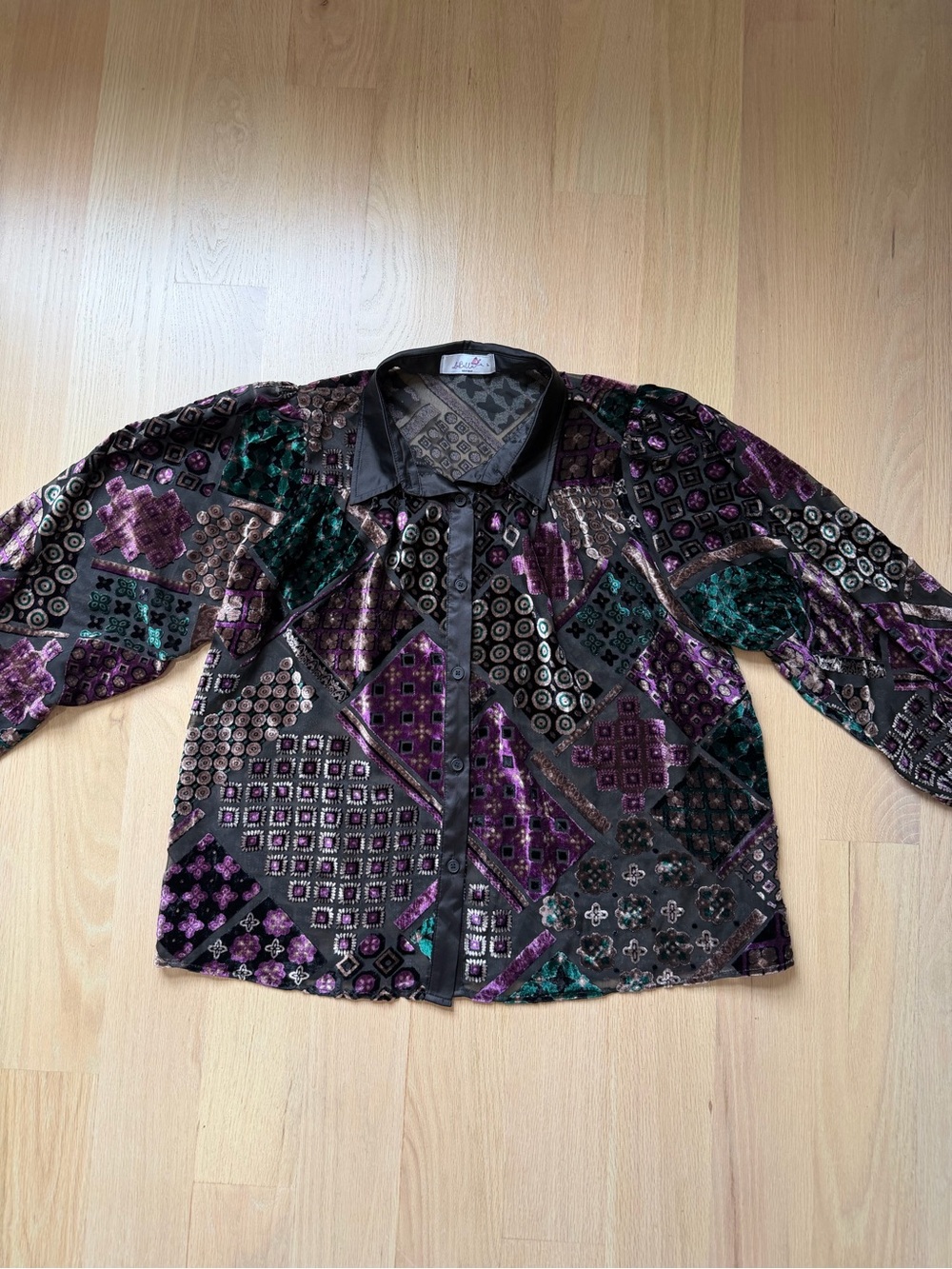LuBella Boutique Geometric Burnout Velvet Button Down Blouse L